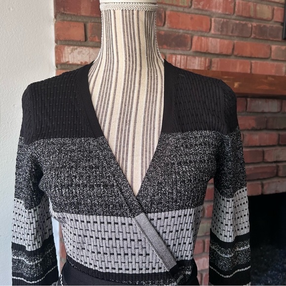 Diane Von Furstenberg Metallic Striped Long Sleeve Knit Wrap Dress Black Silver - Picture 4 of 11